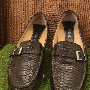 VANELI Dark Brown with Gold Buckle Snakeskin Loafers. Women's 8M